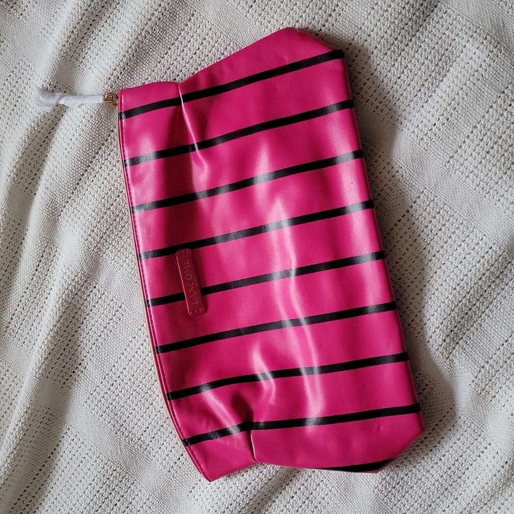 Lancome Hot Pink Magenta Black Striped Makeup Cosmetic Bag
